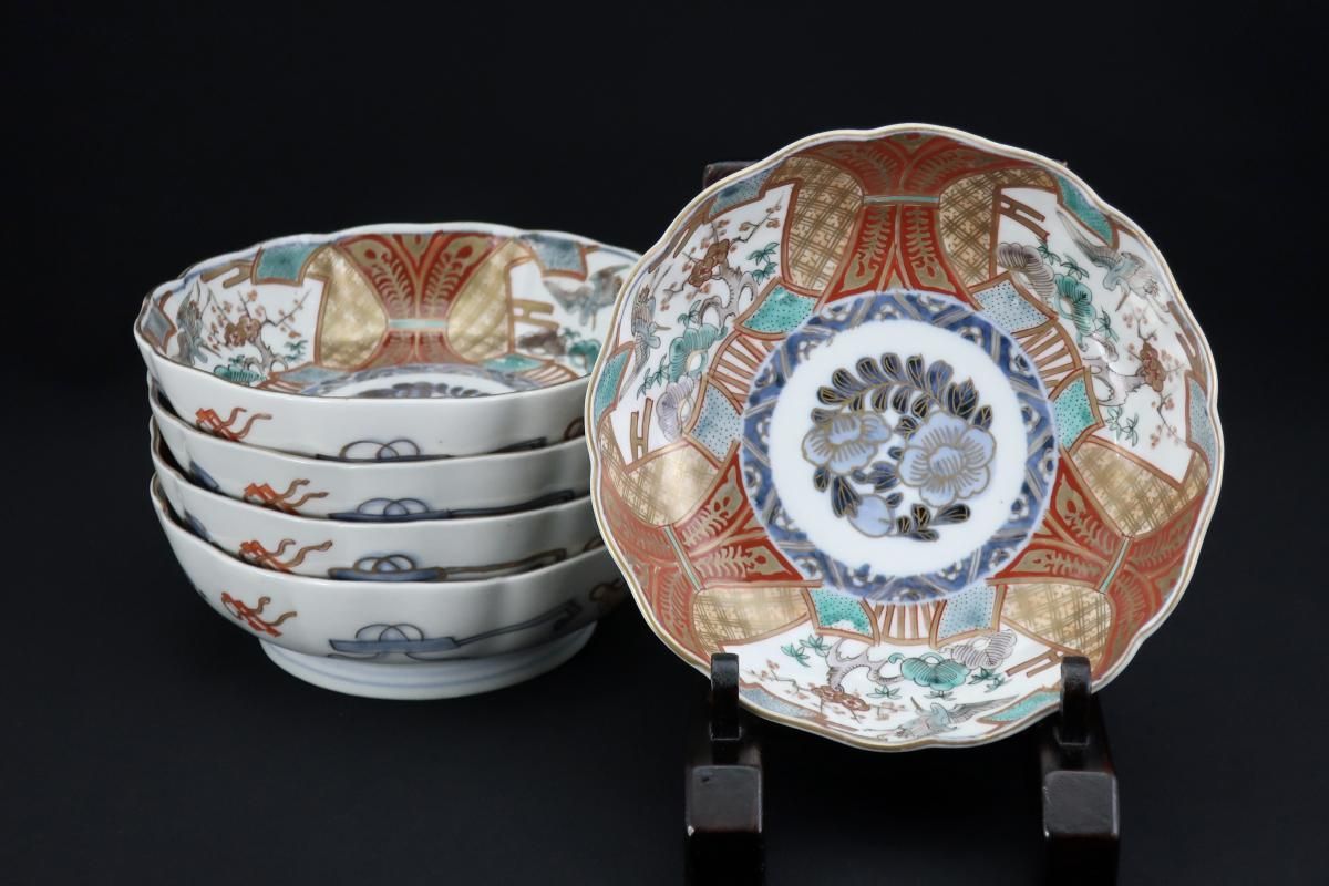 今季一番 伊万里色絵鶴松竹梅文なます皿 五枚組 / Imari Polychrome 工芸品