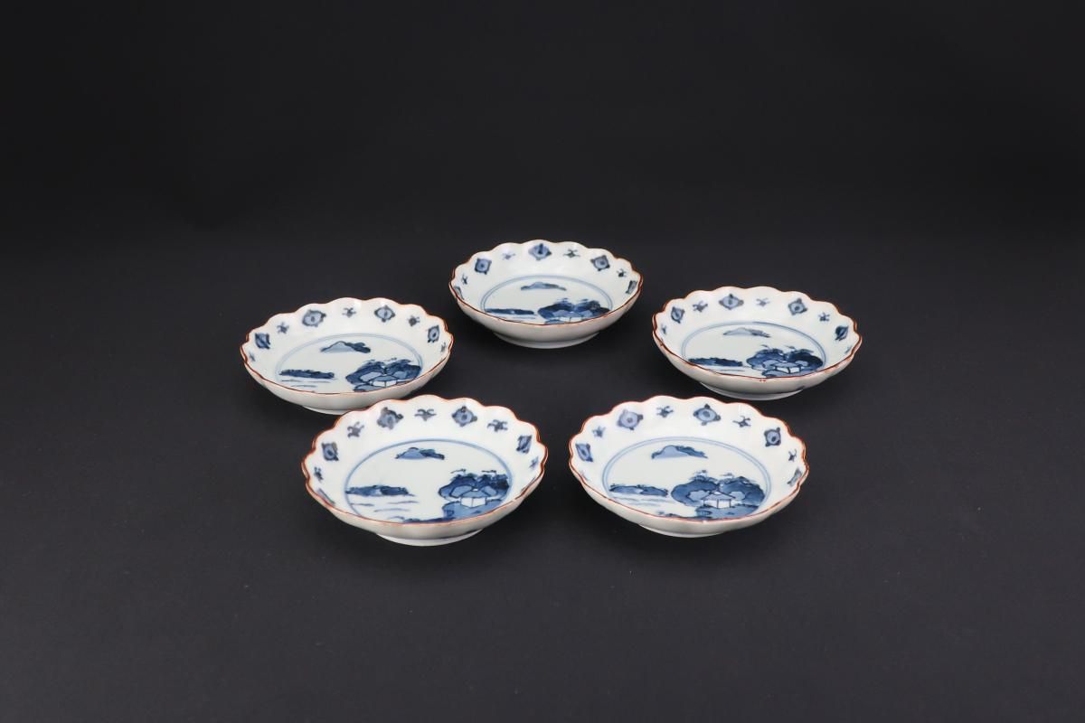 【激安通販 オンラインショップ】日用品 伊万里染付輪花形山水文小皿 五枚組 Flower Small Imari / 工芸品