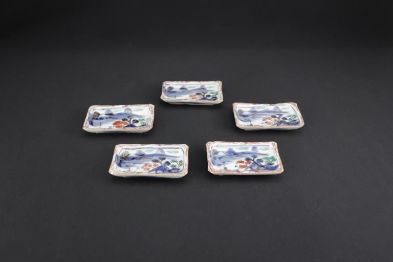 ΤʸĹƦ / Imari Small Rectangular Polychrome Plate with the picture of scenery  set of 5