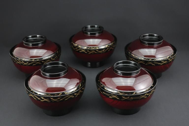 ݰռʪС޵ / Lacquered Keyaki Large Soup Bowls with Lids  set of 5