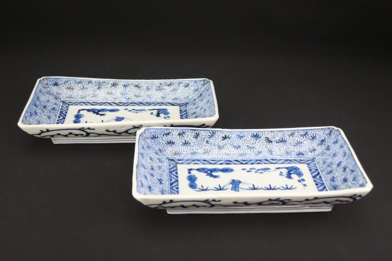 ΤʸĹ / Imari Rectangular Blue & White Plates with Mijinkarakusa' pattern set of 2