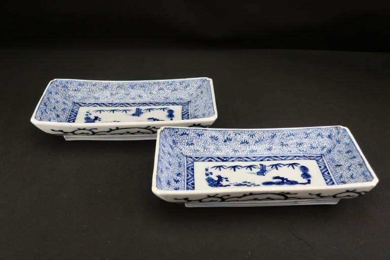 ΤʸĹ / Imari Rectangular Blue & White Plates with Mijinkarakusa' pattern set of 2