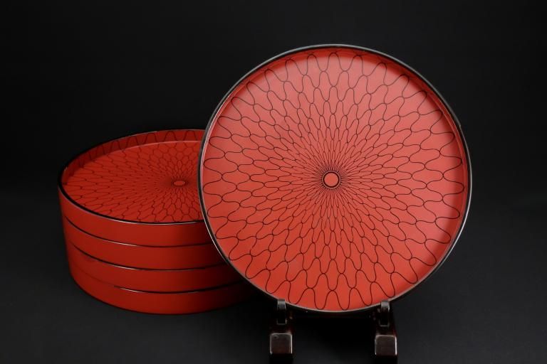 ּߡ / Red-lacquered Round Trays with Fish net pattern  set of 5
