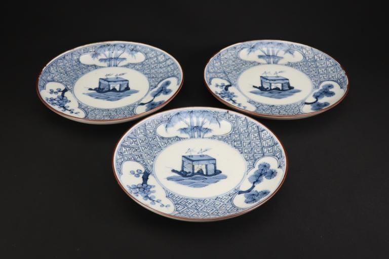 Τվʸϻ / Imari Blue & White Please with the picture of Boat  se of 3