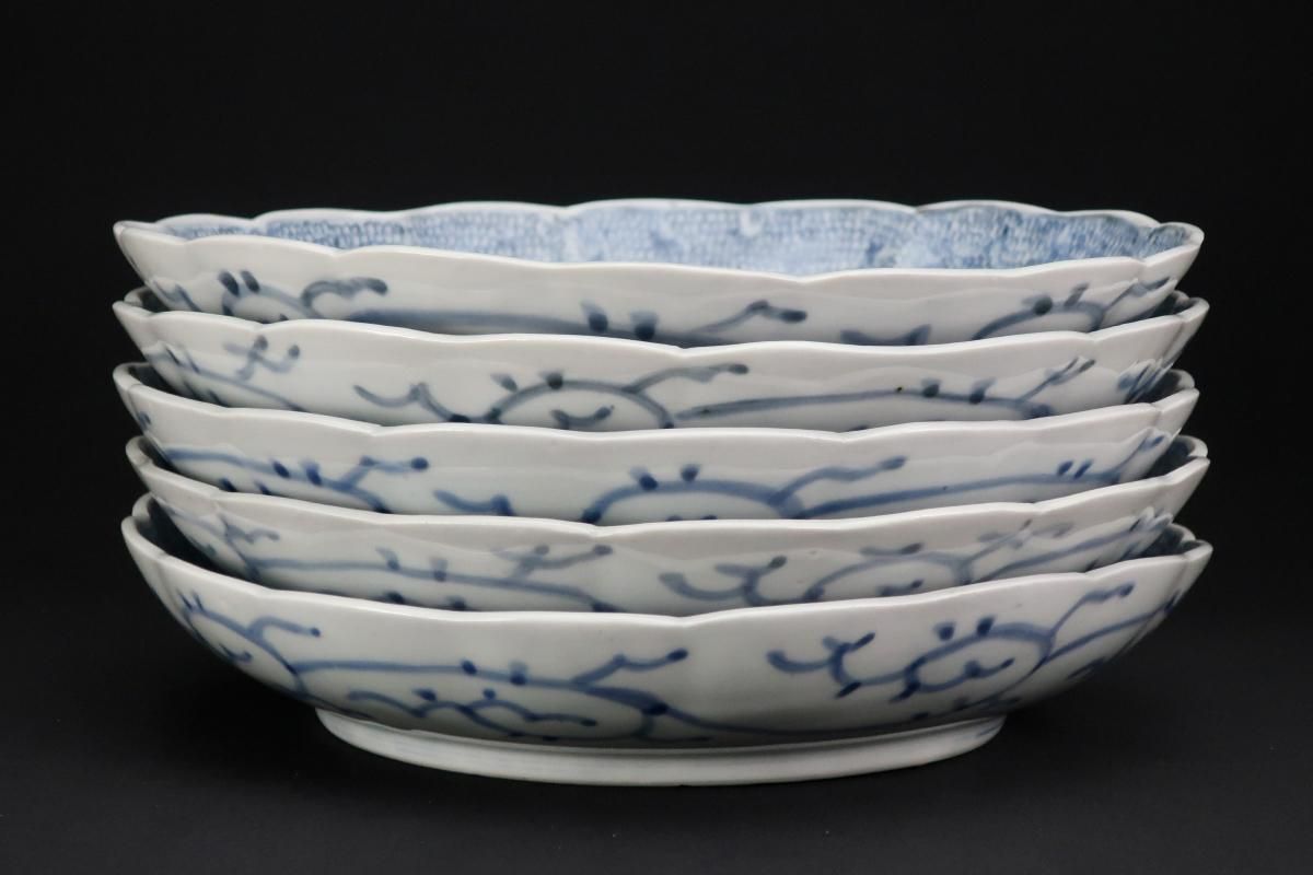IM-08 伊万里みじん唐草小皿 ５枚 幕末～明治期【匿名発送】 伊万里染付微塵唐草文小皿 五枚組 / Imari Small Blue & White