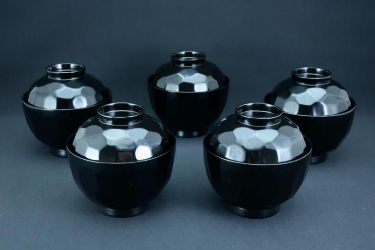 ɿ弬ʪС޵ / Black-lacquered Soup Bowls with Lids & 'Makie' picture of Water  set of 5