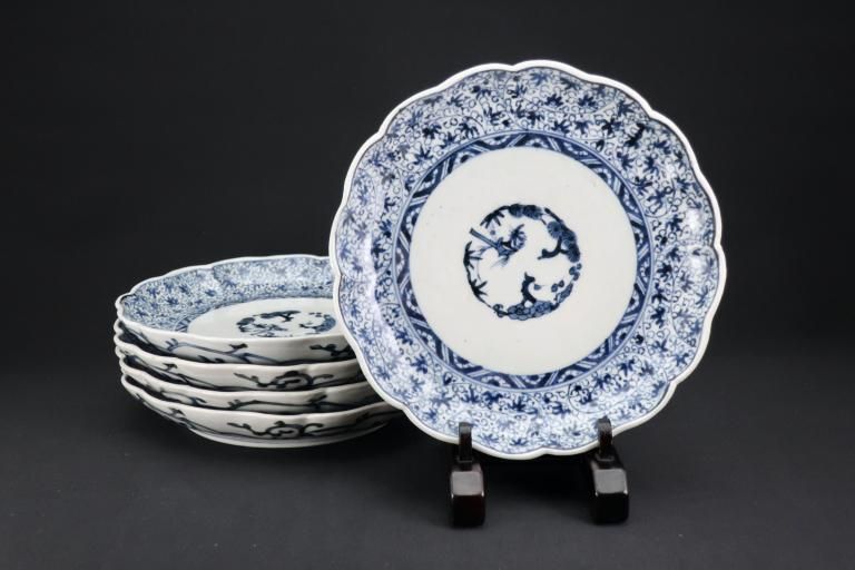 伊万里染付萩唐草文七寸皿 五枚組 / Imari Blue & White Plates with the pattern of 'Hagikarakusa'  set of 5