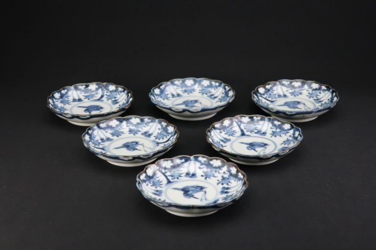 Τʸϻ / Imari Small Blue & White Plates with picture of Crane and Cherry blossoms  set of 6