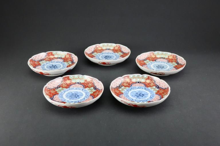 大聖寺伊万里金彩赤絵亀甲文四寸皿 五枚組 / Daishoji Imari