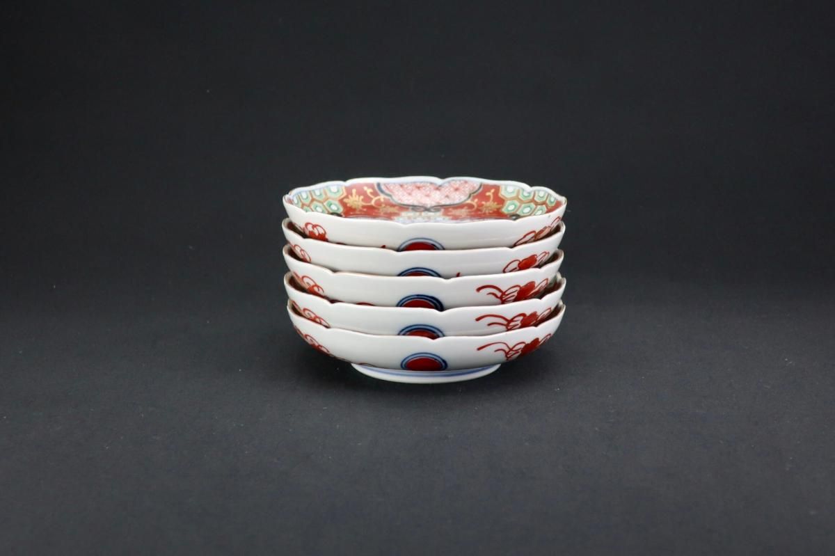 大聖寺伊万里金彩赤絵亀甲文四寸皿 五枚組 / Daishoji Imari