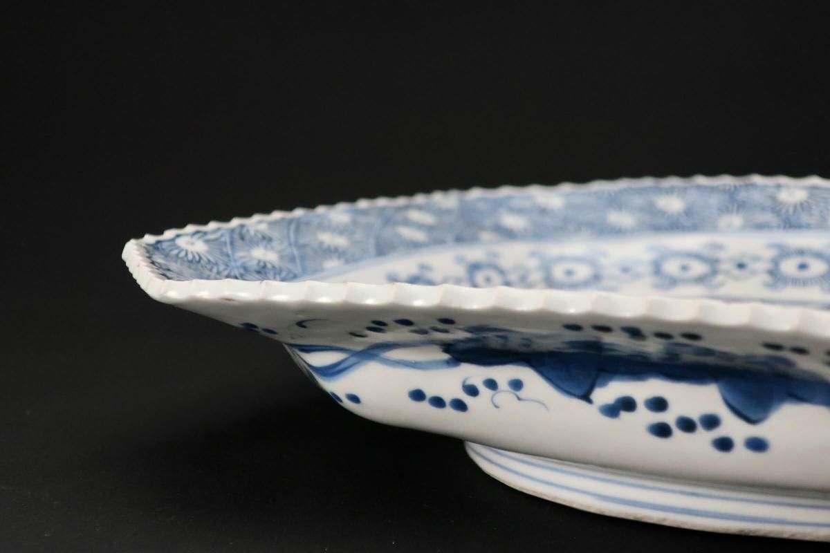 【色絵　山水・菊図　角皿　径３１．５ｃｍ】古伊万里 色絵 山水・菊図 角皿 径31．5cm】古伊万里