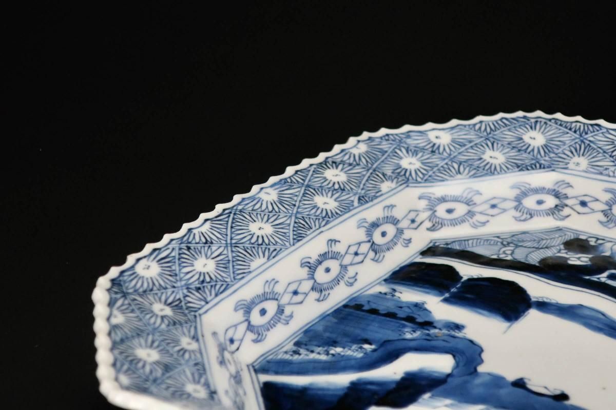 【色絵　山水・菊図　角皿　径３１．５ｃｍ】古伊万里 色絵 山水・菊図 角皿 径31．5cm】古伊万里