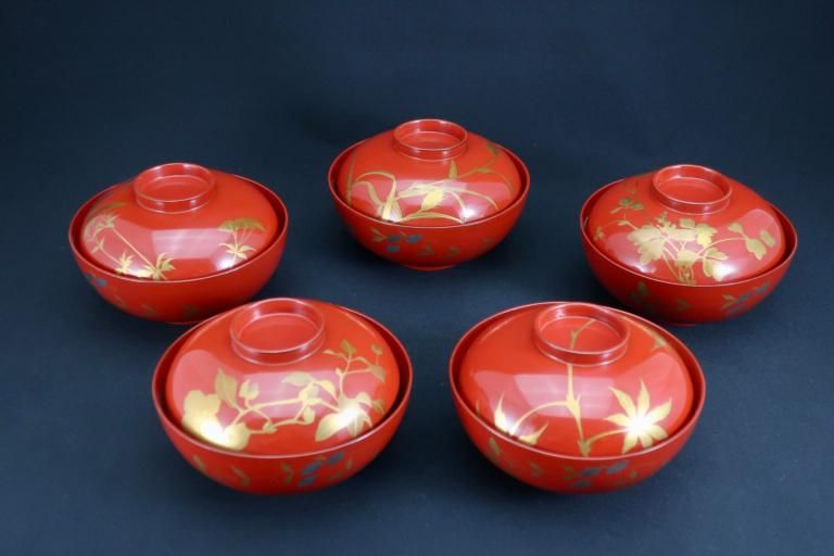 ɿѽ𼬳ʪС޵ / Red-lacquered Soup Bowls & Lids with Makie picture of Autumn plants  set of 5