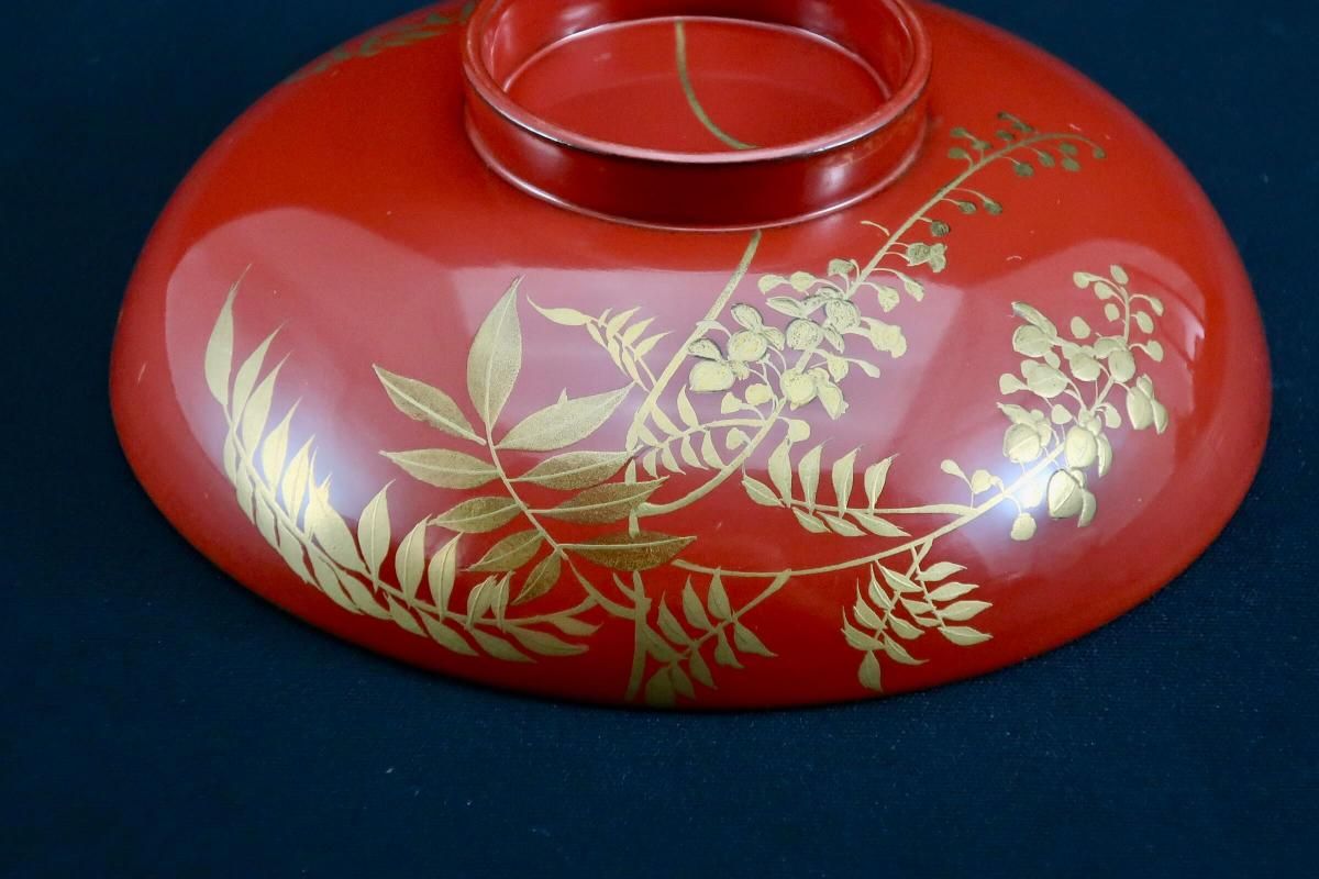 朱塗図変秋草蒔絵吸物椀 五客組 / Red-lacquered Soup Bowls