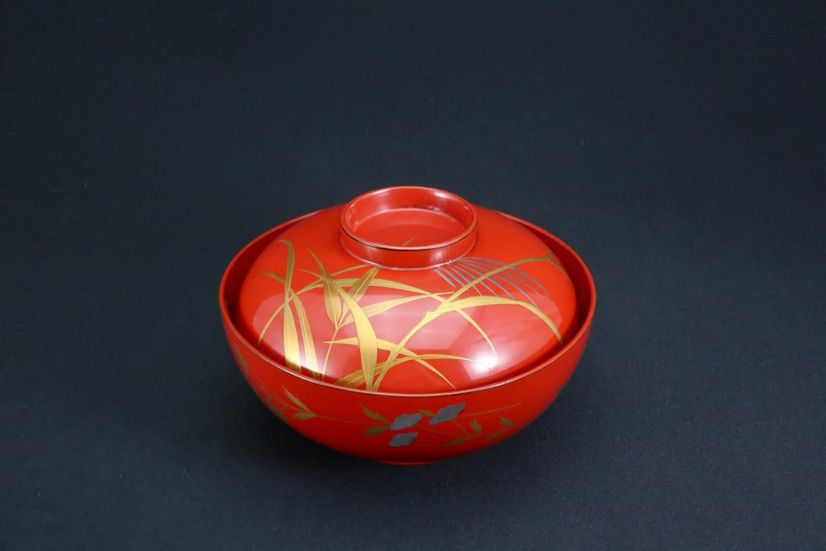 朱塗図変秋草蒔絵吸物椀 五客組 / Red-lacquered Soup Bowls