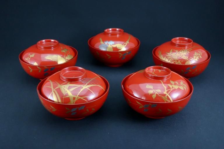 ɿѽ𼬳ʪС޵ / Red-lacquered Soup Bowls & Lids with Makie picture of Autumn plants  set of 5