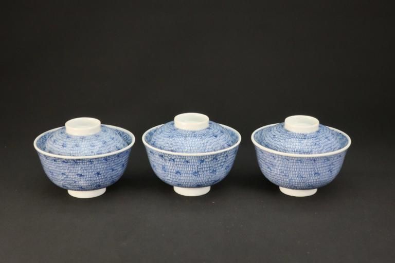 伊万里染付微塵唐草文蓋茶碗 三客組 / Imari Blue & White Bowls with Lids  set of 3