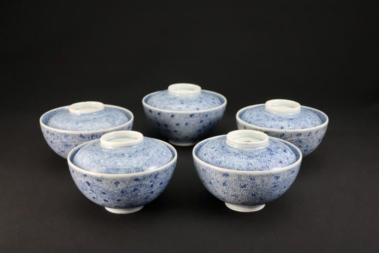 伊万里染付微塵唐草文蓋茶碗 五客組 / Imari Blue & White Bowls with