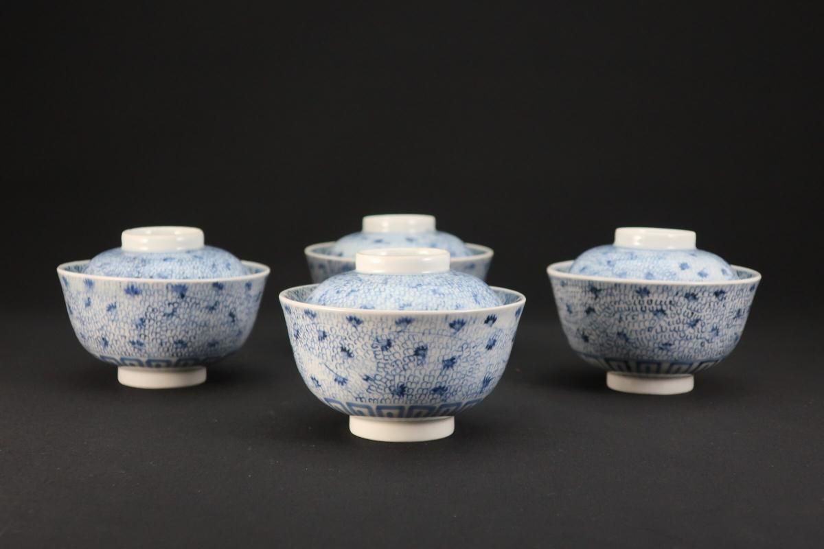 伊万里染付微塵唐草文蓋茶碗 四客組 / Imari Blue & White Bowls with