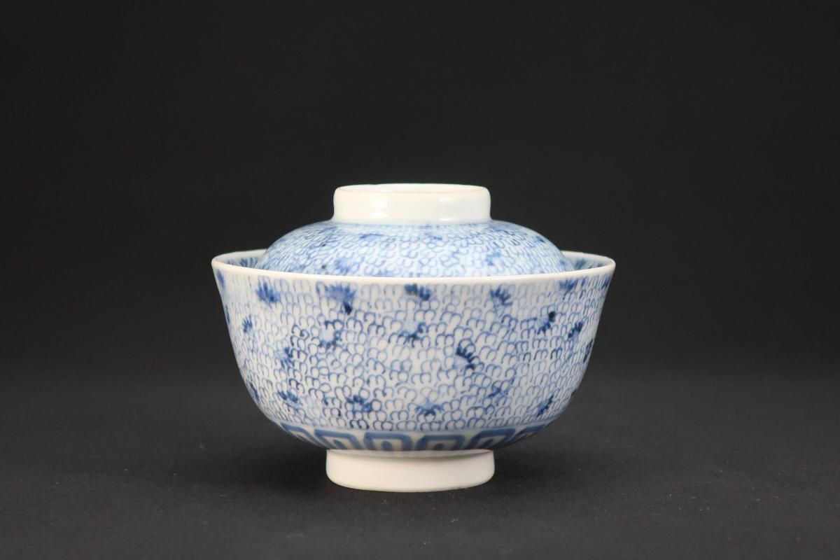 伊万里染付微塵唐草文蓋茶碗 四客組 / Imari Blue & White Bowls with