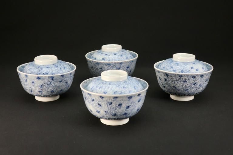伊万里染付微塵唐草文蓋茶碗 四客組 / Imari Blue & White Bowls with Lids  set of 4