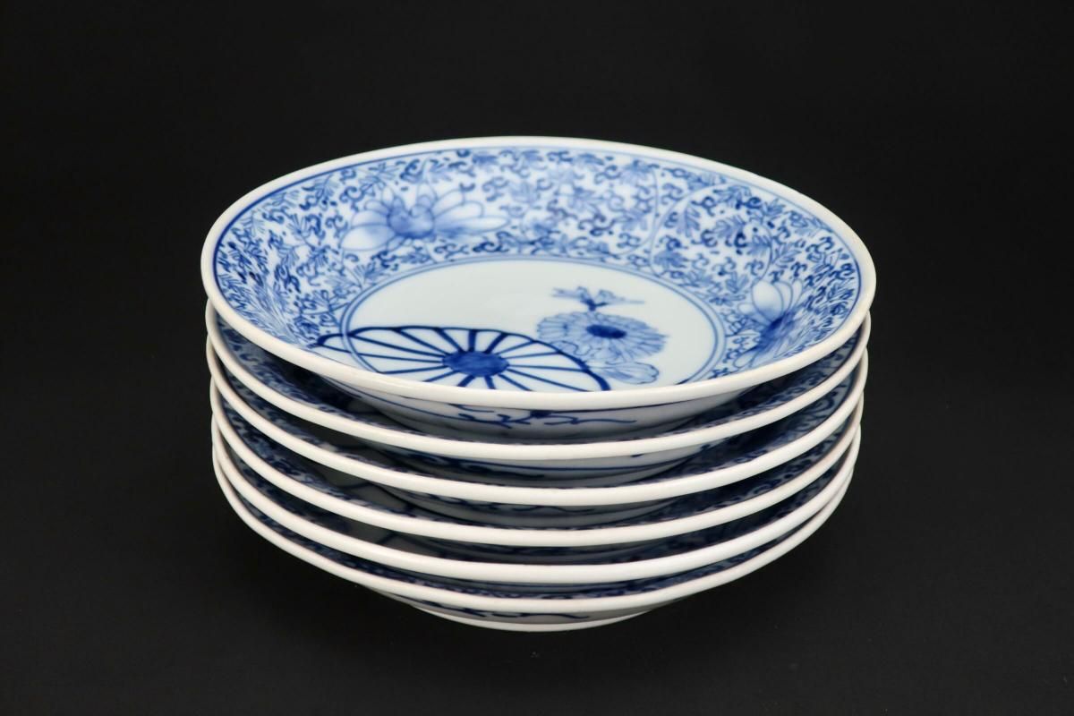 伊万里染付菊花唐草文六寸皿 六枚組 / Imari Blue & White