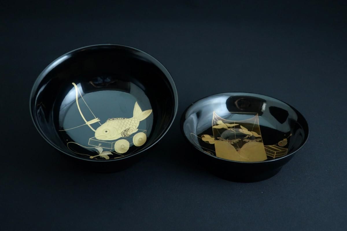 黒塗玩具蒔絵菓子椀 四客組 / Black-lacquered Sweet Bowls with