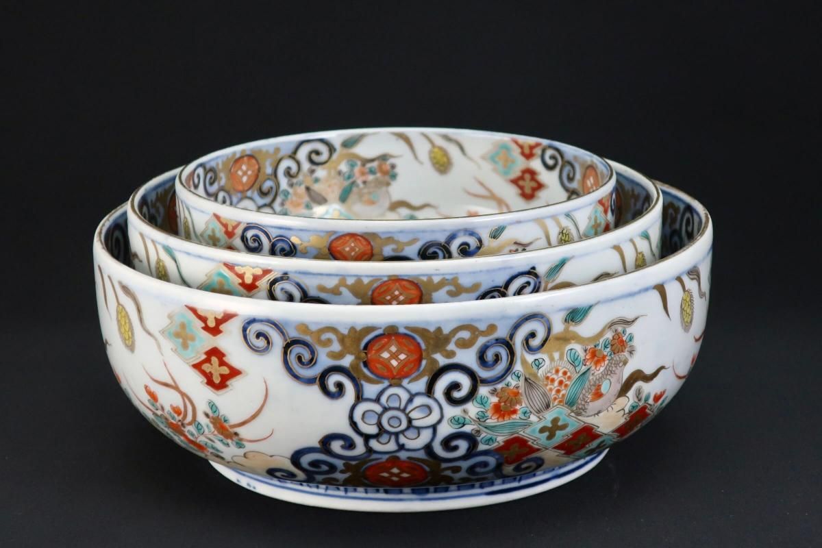 伊万里色絵3つ鉢 古伊万里 色絵三鉢 波千鳥文様 幕末〜明治 | れいゆぅる rayures