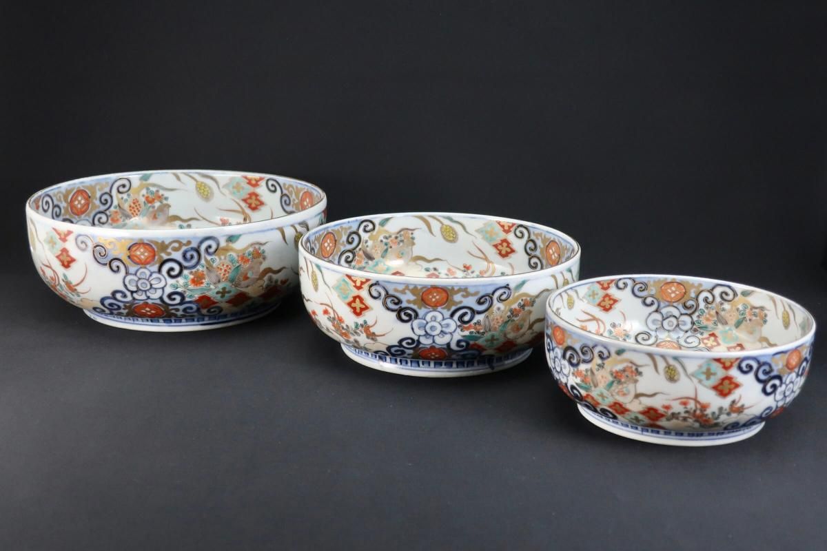 伊万里色絵鉢 大中小3客 伊万里色絵鉢 大中小3客