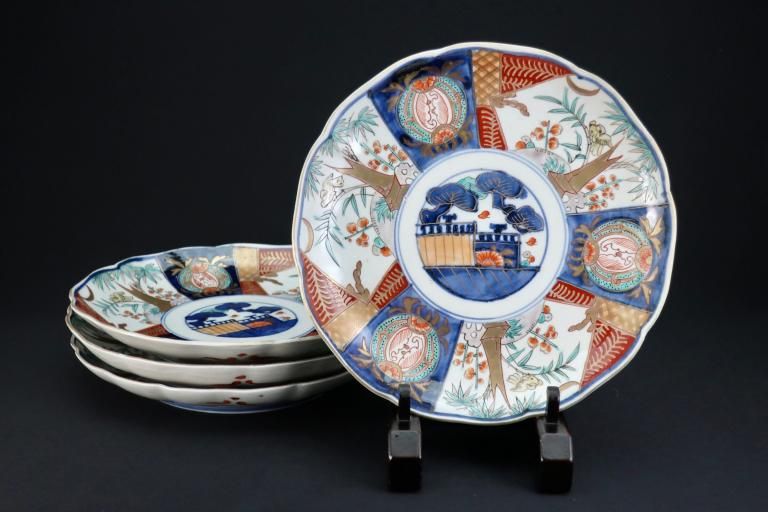 骨董品　色絵　七寸皿　4枚 伊万里色絵花鳥文七寸皿 四枚組 / Imari Polychrome Plates with