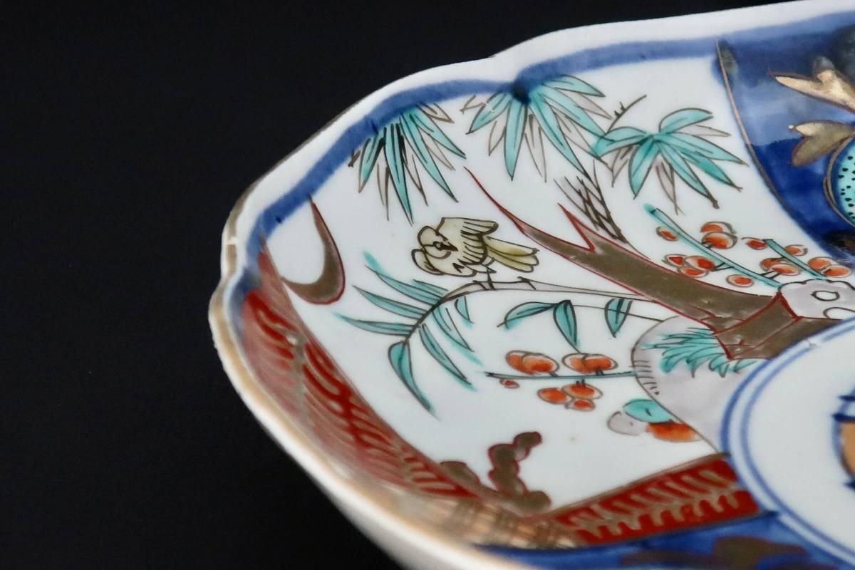 骨董品　色絵　七寸皿　4枚 大聖寺伊万里 色絵 草花鳳凰唐草模様 輪花型 七寸皿 - 生活骨董
