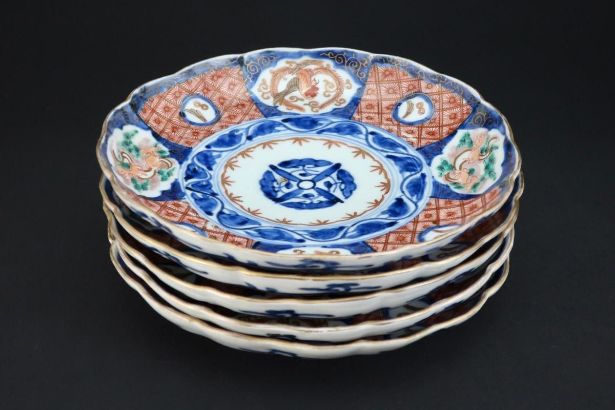 伊万里色絵鳳凰菊花菱文七寸皿 五枚組 / Imari Polychrome