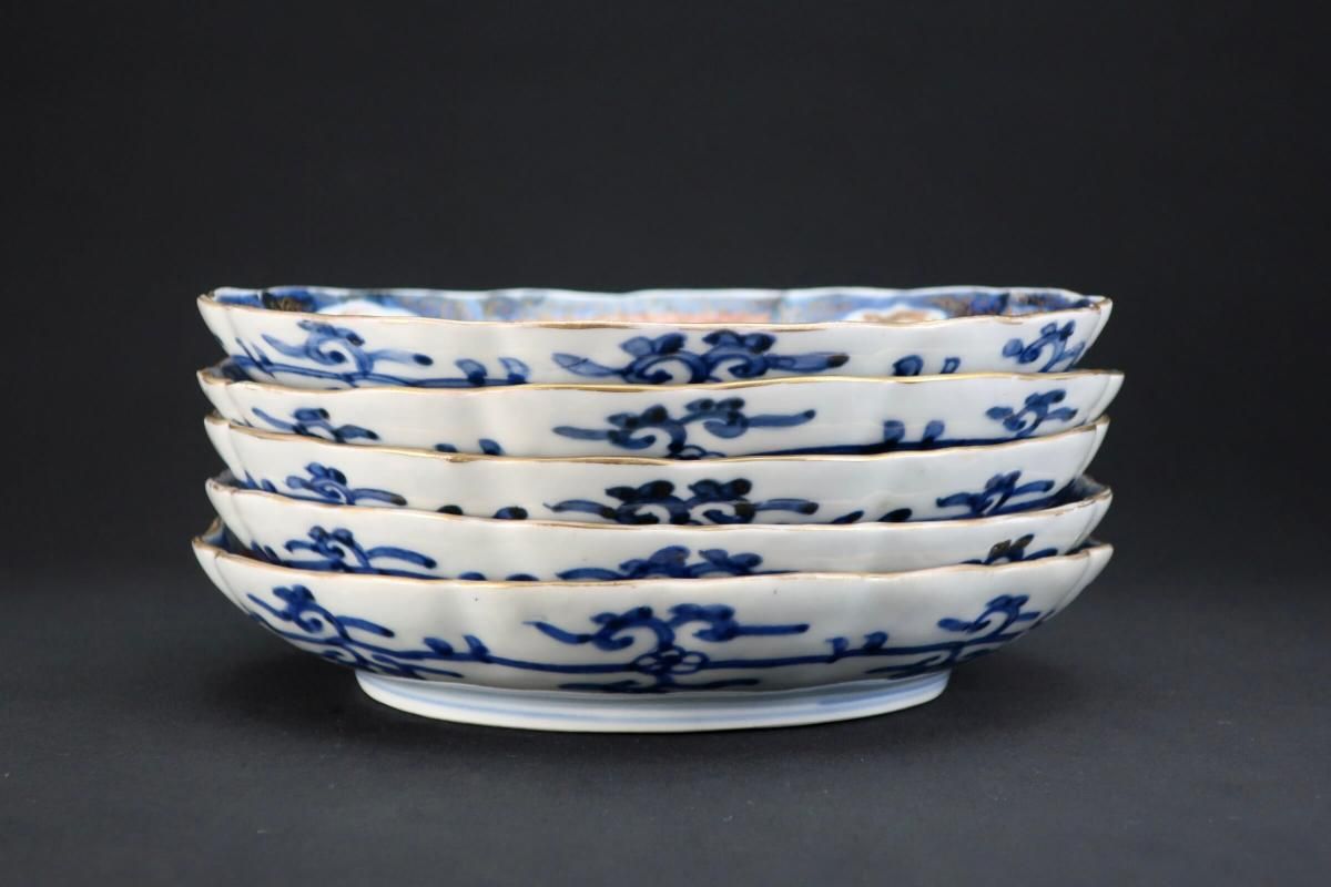 花型 中皿 白磁 色絵付 明治前後 鳳凰 希少品 4枚 古伊万里 伊万里色絵鳳凰菊花菱文七寸皿 五枚組 / Imari Polychrome