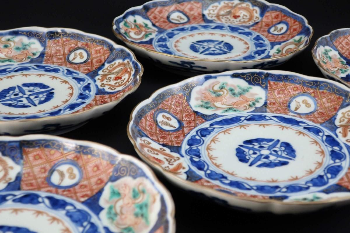 花型 中皿 白磁 色絵付 明治前後 鳳凰 希少品 4枚 古伊万里 伊万里色絵鳳凰菊花菱文七寸皿 五枚組 / Imari Polychrome