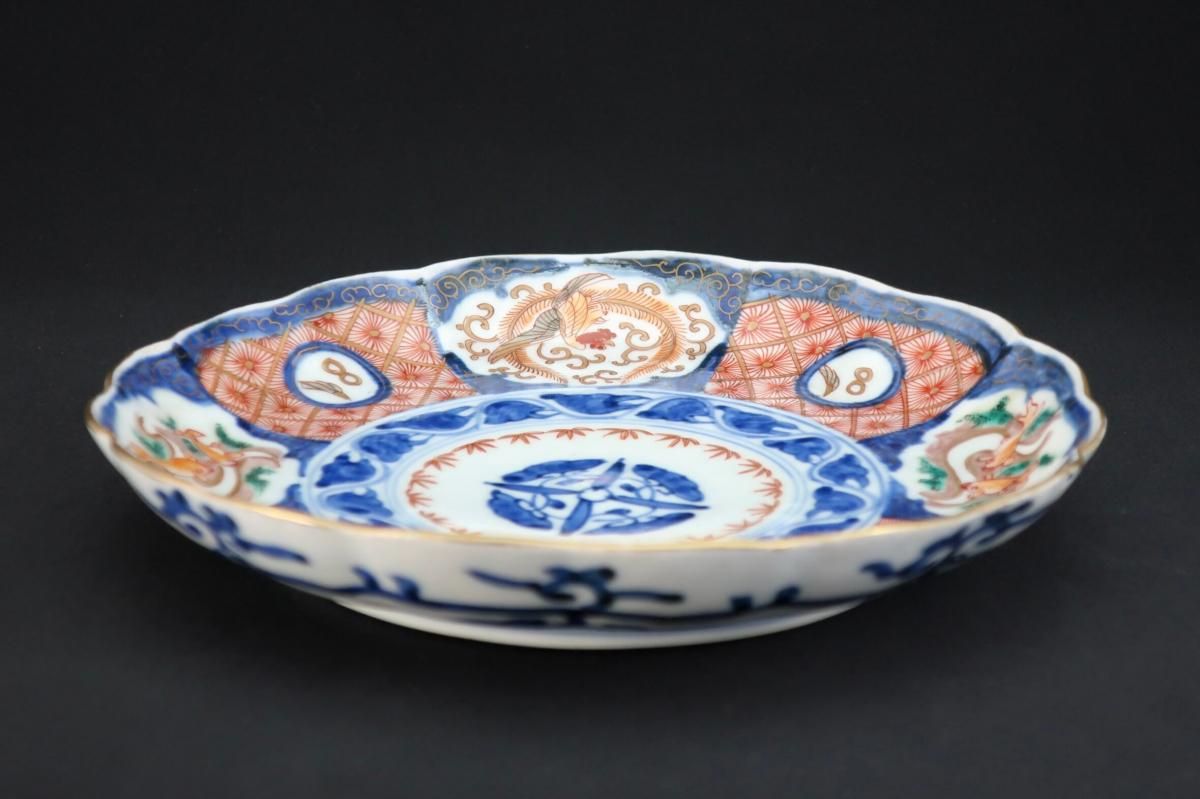 伊万里色絵鳳凰菊花菱文七寸皿 五枚組 / Imari Polychrome