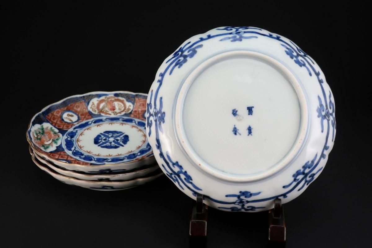 伊万里色絵鳳凰菊花菱文七寸皿 四枚組 / Imari Polychrome