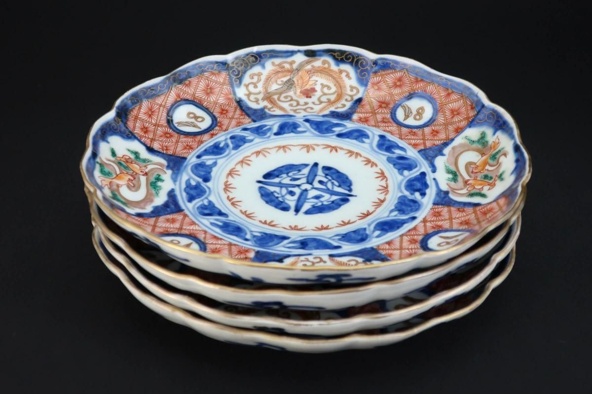 伊万里色絵鳳凰菊花菱文七寸皿 四枚組 / Imari Polychrome