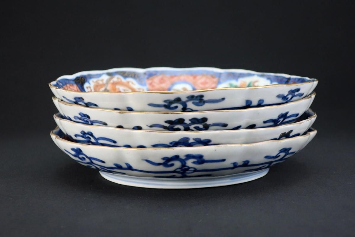 伊万里色絵鳳凰菊花菱文七寸皿 四枚組 / Imari Polychrome