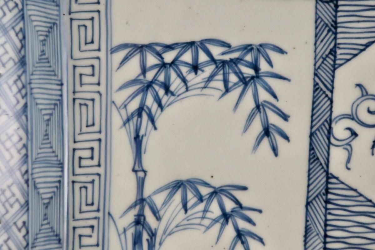 伊万里線描染付草花幾何学文隅切角大皿 / Imari Large Square Blue