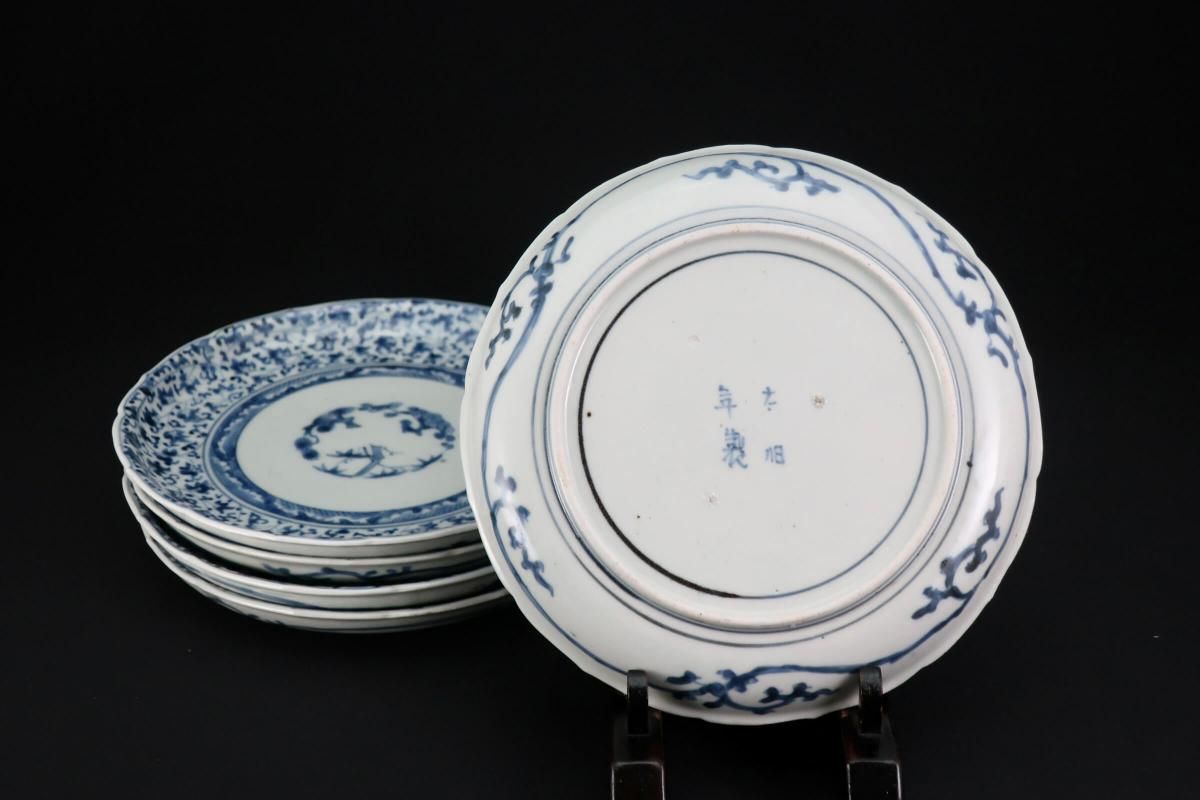 古伊万里萩唐草八寸皿 伊万里染付萩唐草文六寸皿 五枚組 / Imari Blue & White Plates