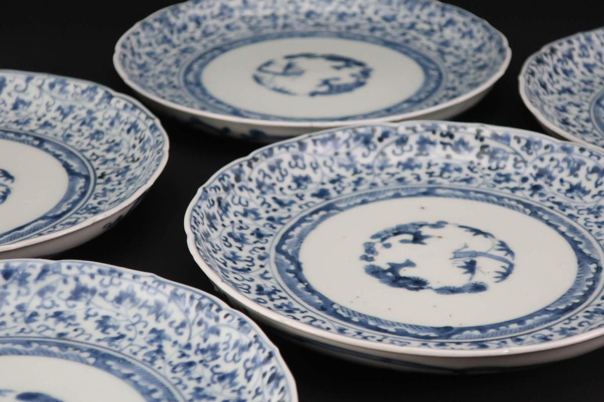 伊万里染付萩唐草文六寸皿 五枚組 / Imari Blue & White Plates