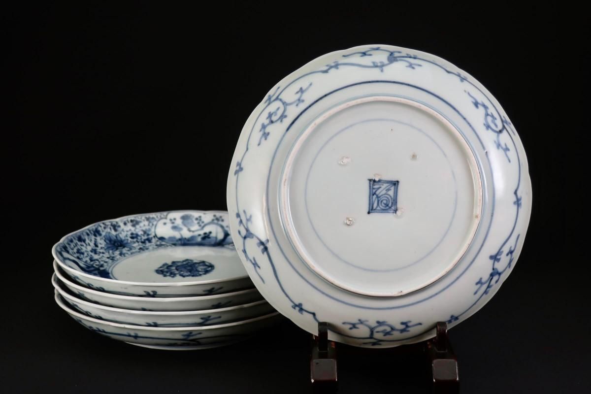 伊万里染付花唐草松竹梅文七寸皿 五枚組 / Imari Blue & White