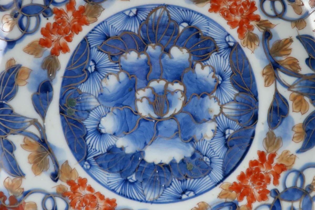 古伊万里　色絵　牡丹に柘榴　紗綾形紋に七宝紋の図　大深鉢　C015AS-fbqn 古伊万里色絵牡丹に柘榴紗綾形紋に七宝紋の図大深鉢C015AS-fbqn