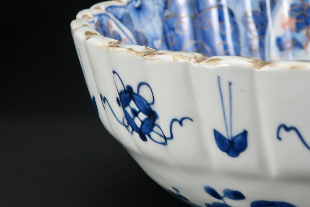 伊万里 大鉢 牡丹柄 伊万里色絵菊花形牡丹七宝文大鉢 / Imari Large Polychrome Bowl