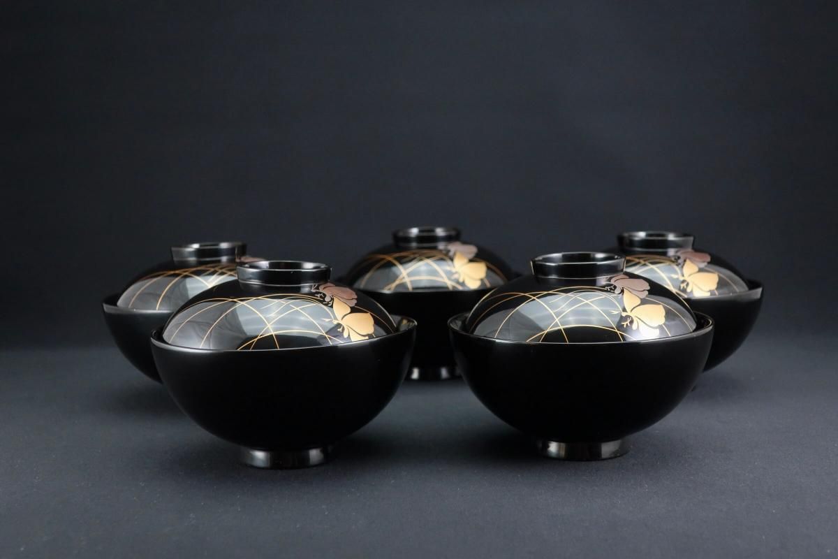 輪島塗金銀蝶蒔絵吸物椀 五客組 / Wajima Black-lacquered Soup