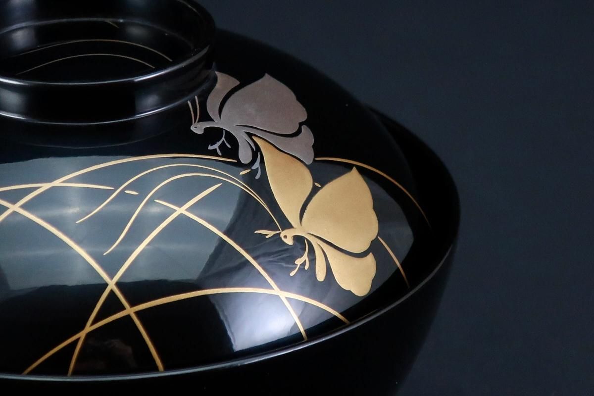 輪島塗金銀蝶蒔絵吸物椀 五客組 / Wajima Black-lacquered Soup