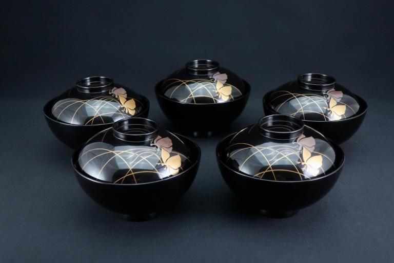 ɶĳʪС޵ / Wajima Black-lacquered Soup Bowls with Lids with Butterfly picture  set of 5