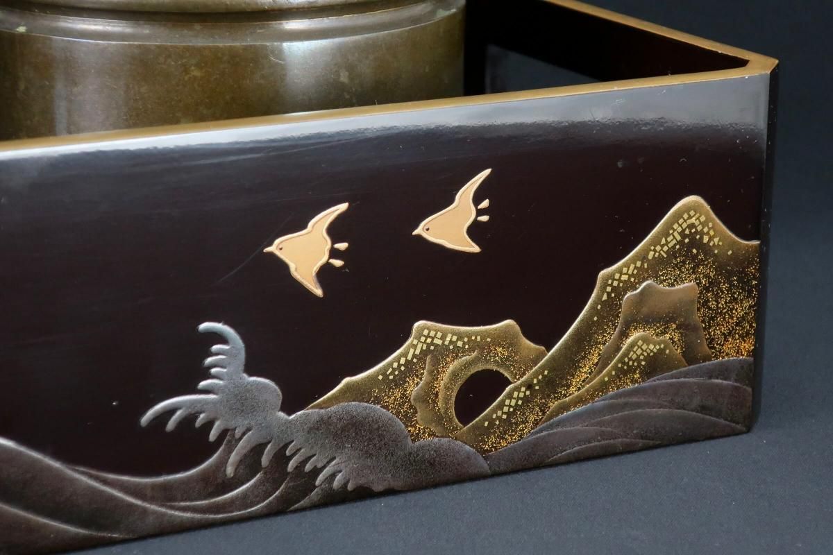 油彩　ぺんぺん草 黒塗波千鳥蒔絵煙草盆 / Tobacco Set - OKURA ORIENTAL ART