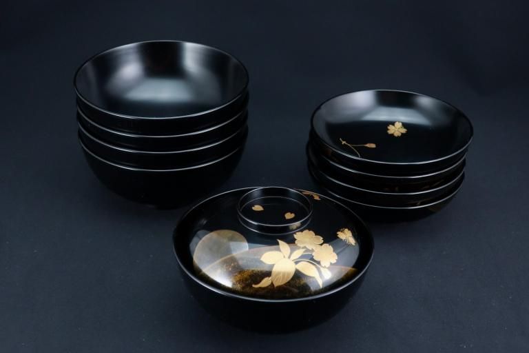 ɺ㾾ʪС޵ / Black-lacquered Soup Bowls with Lids with Sakura picture  set of 5