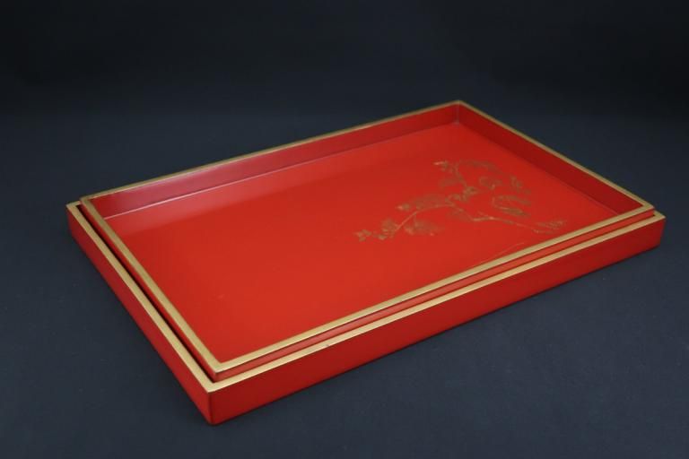 朱塗沈金硯蓋 大小二枚 / Red-lacquered 'Suzuributa' Trays  set of 2